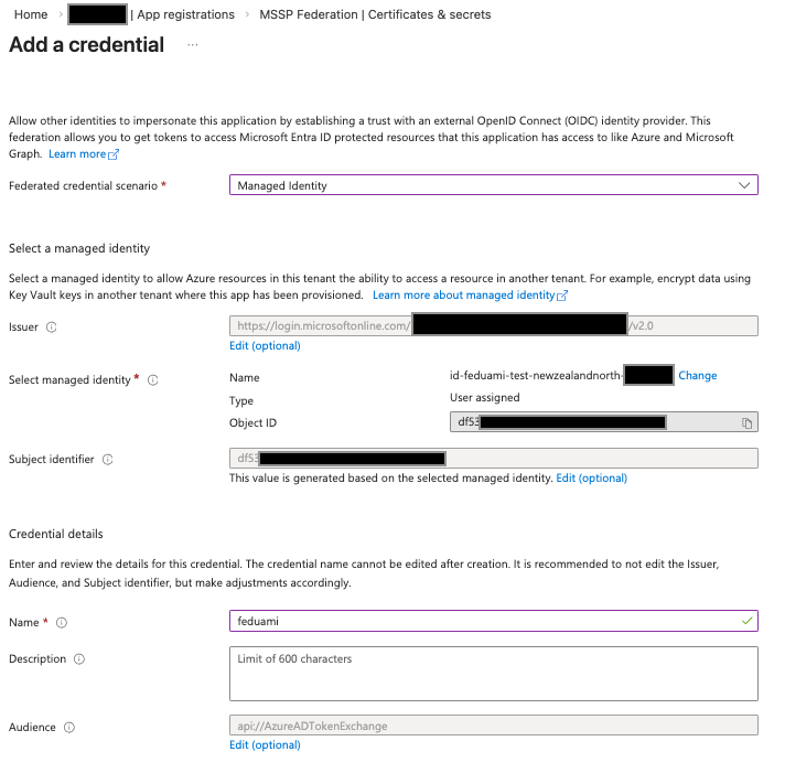 A screenshot showing adding a federated managed identity to an Entra App Registration