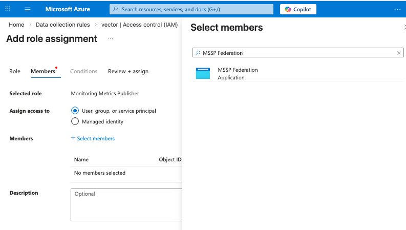 A screenshot showing an Azure IAM role assignment to the MSSP Federation application