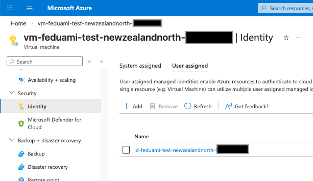 A screenshot showing a user-assigned managed identity associated to a virtual machine